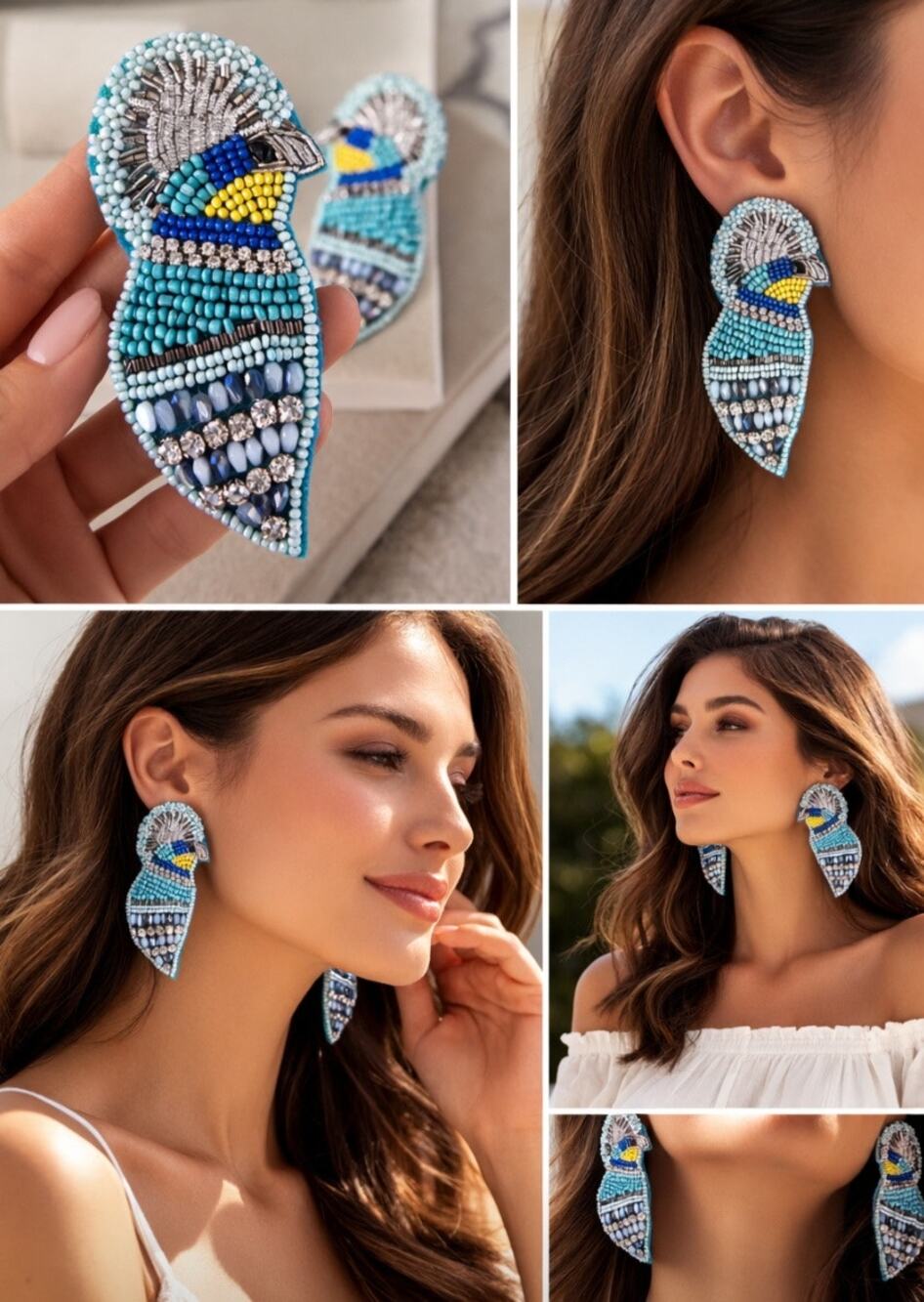 Kay Lee Blue Bird Beaded Earrings New